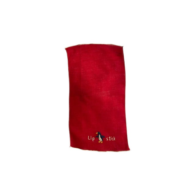 Art Deco Red Lipstick Towel, Embroidered With Penguin, 1940s For Sale - Image 3 of 5