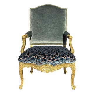 Quatrain for Dessin Fournir Louis XV Style Giltwood Fauteuil Arm Chair W Blue Silk Velvet For Sale