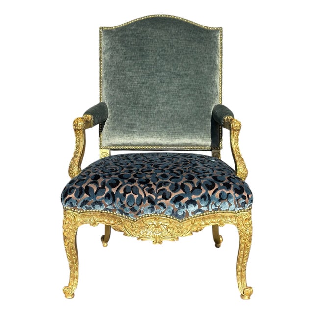Quatrain for Dessin Fournir Louis XV Style Giltwood Fauteuil Arm Chair W Blue Silk Velvet For Sale