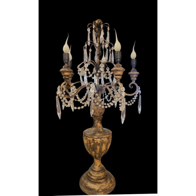 Vintage French Country Gilt Candelabra Urn 5 Light Table Lamp With Crystal Prisms For Sale - Image 10 of 12