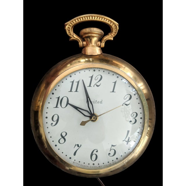 Vintage Brass Pocket Watch Style Electric Plug in Wall Clock For Sale - Image 4 of 11