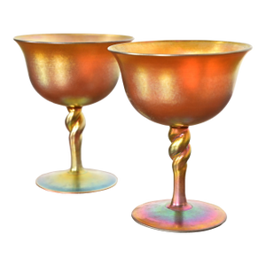 Early 20th Century Steuben Aurene Iridescent Art Glass Goblets - a Pair