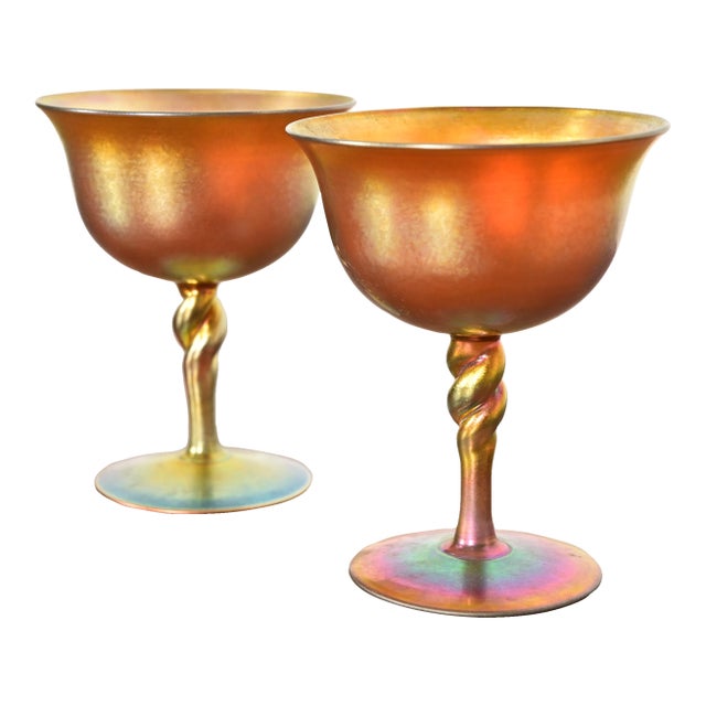 Steuben Aurene Iridescent Art Glass Goblets, Pair For Sale