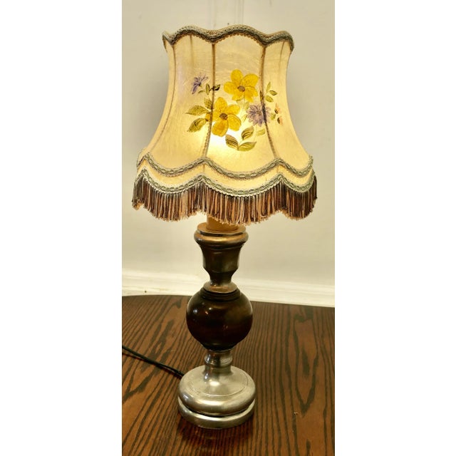 Pewter and Turned Wooden Table Lamp with Hand Painted Shade, 1930s For Sale - Image 6 of 7