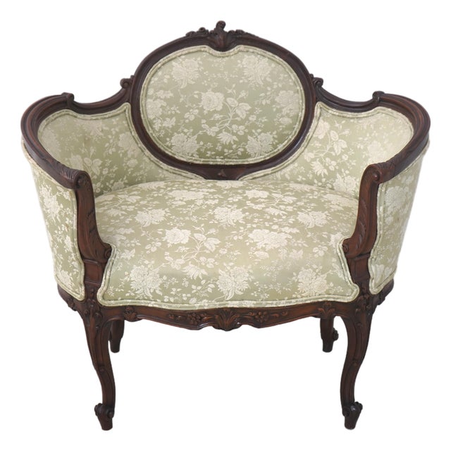 Vintage Walnut Rococo Parlor Settee W. Damask Upholstery For Sale