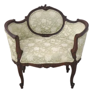 Vintage Walnut Rococo Parlor Settee W. Damask Upholstery