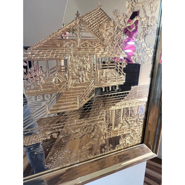 Wood Vintage Mid Century Modern 1980s Hollywood Regency Asian Eglomise Asian Motif Gold Gilding Wall Mirror For Sale - Image 7 of 10