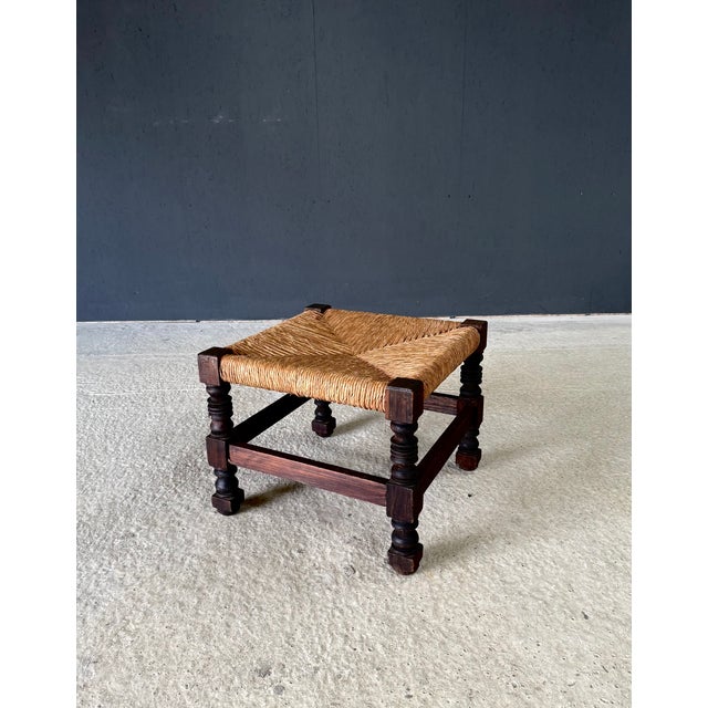 French Country Oak and Rush Ottoman, France, 1940s For Sale - Image 10 of 18