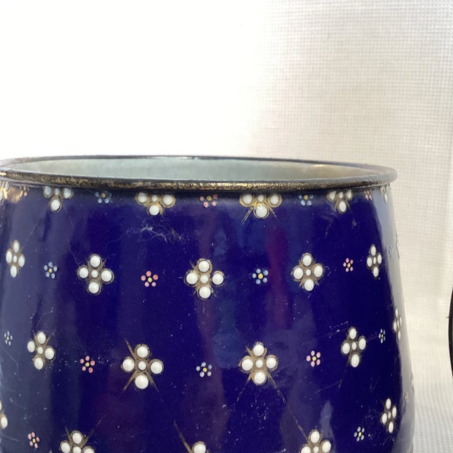French Country Cobalt Blue Vintage Enamelware Planters - A Pair For Sale - Image 3 of 7