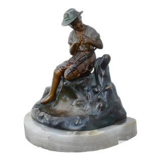 Heinrich W Hirschen Bronze Fishing Boy Antique Austrian Figure With Onyx Base For Sale