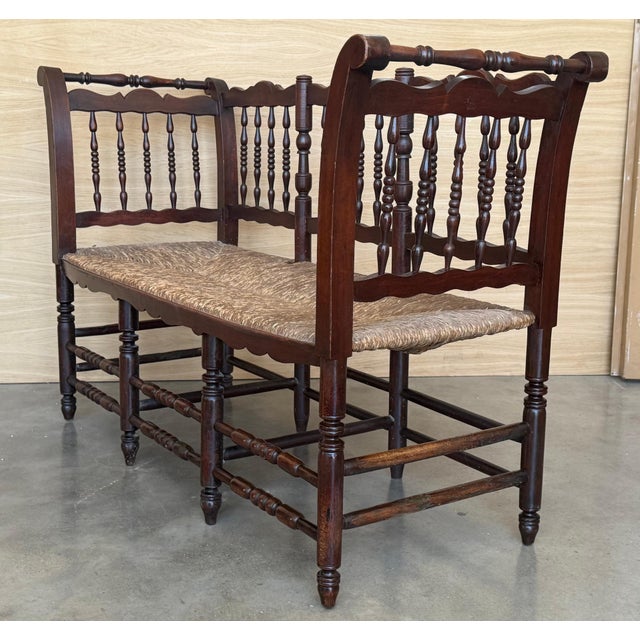 20th Century Catalan Bench in Solid Walnut with Caned Seat, Three Seats For Sale - Image 4 of 18