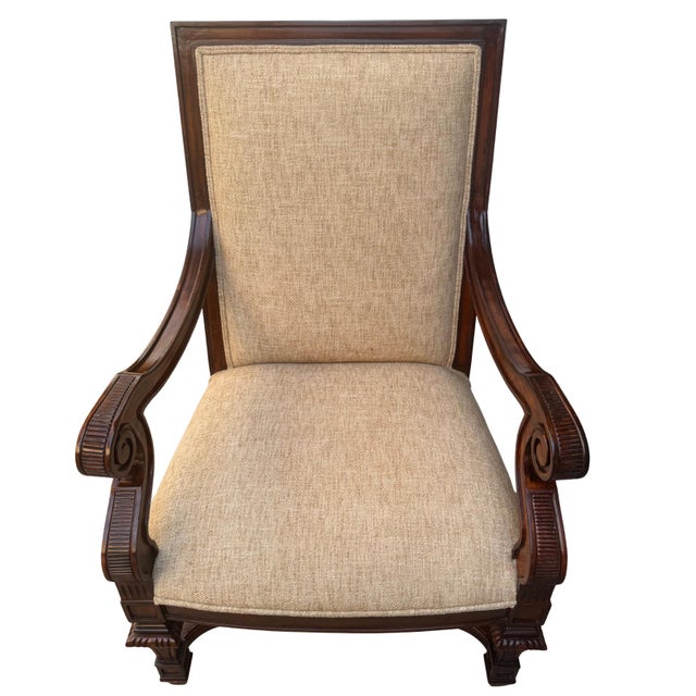 Wood 1980s Neoclassical Hand-Carved Mahogany Armchairs With Rolled Arms & X-Stretcher - A Pair For Sale - Image 7 of 14