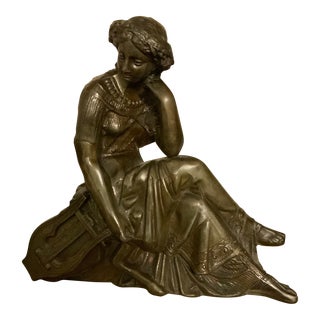 Antique Metal Figural Sculpture / Statue of Woman and Lyre For Sale