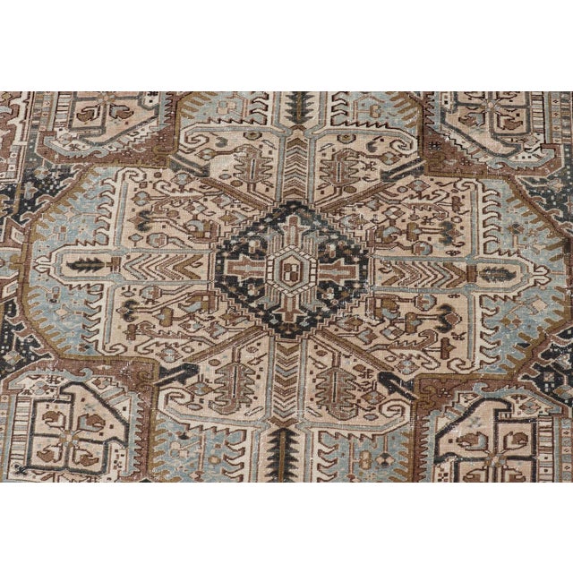 Persian Antique Heriz Rug With Geometric Design in Blue's, Tan, Cream, and Brown 11'5 X 14'7 For Sale - Image 10 of 17