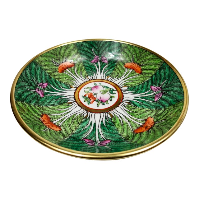 Final Clearance 2025 Horchow Neiman Marcus Signed Brass Cabbage Butterfly Famille Rose Dish 1970s For Sale