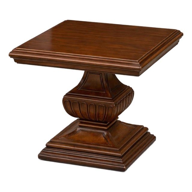 Vintage Solid Wood Square Pedestal Side Table With Carved Base – Traditional Accent Table For Sale