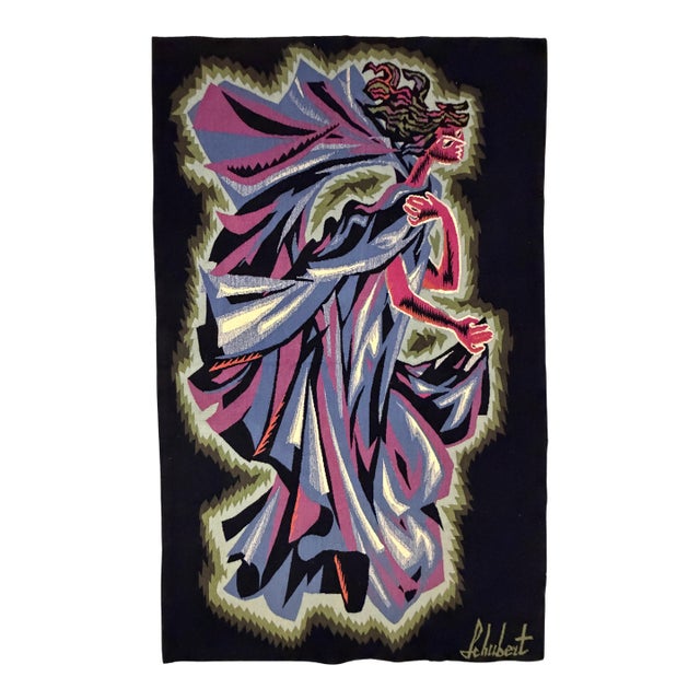 20th C. Mid-Century Modern Figural Handwoven Tapestry Signed “Schubert” 3'9" X 6'1" For Sale