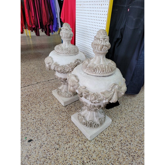 Vintage Concrete Urns With Rams Heads & Garlands For Sale - Image 4 of 13