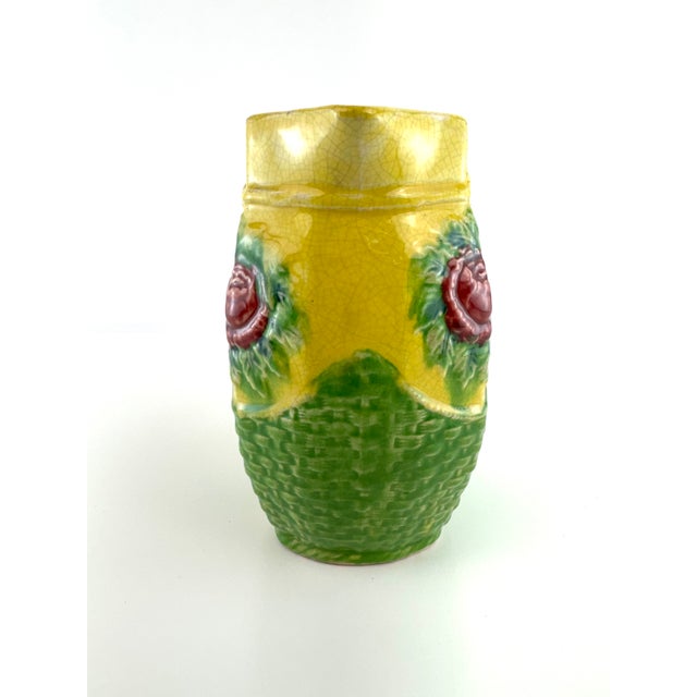 1950s Vintage Japanese Majolica Style Strawberry Pitcher With Basketweave Base For Sale - Image 5 of 12