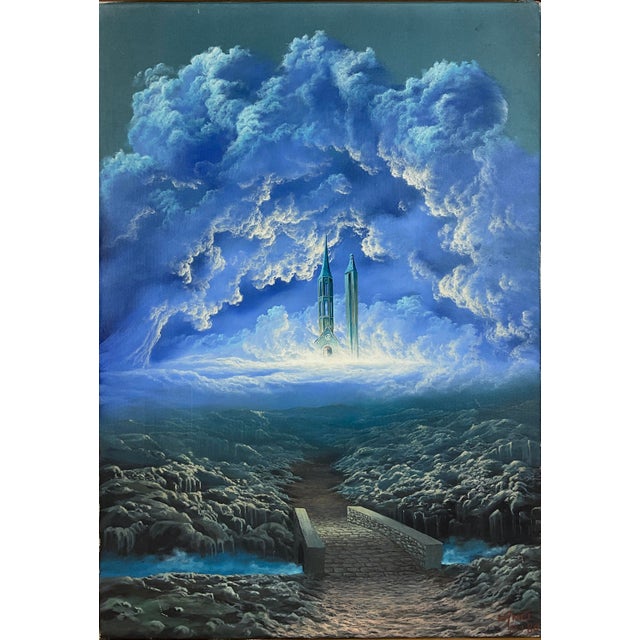 Surrealism Surrealist Cloudscape Painting With Cathedral Towers, Manner Magritte For Sale - Image 3 of 8