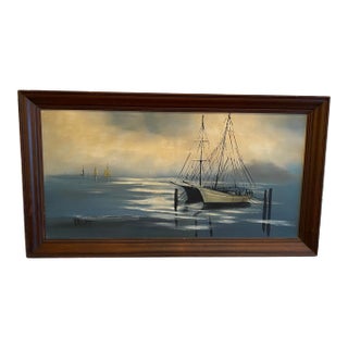 Vintage Ship Boat Seascape Oil Painting With Schooners Signed Brent For Sale