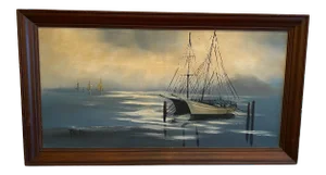 Vintage Ship Boat Seascape Oil Painting With Schooners Signed Brent