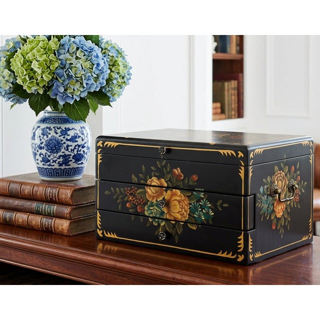 English Tole Painted Black Lacquer Silverware Flatware Chest For Sale - Image 3 of 12