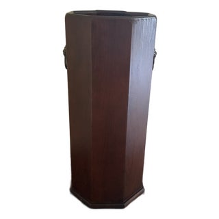 Mid-Century Octagonal Wood Umbrella Stand With Brass Lion-Head Ring Handles For Sale