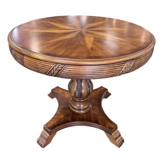 Vintage Mahogany Compass Star Inlaid Accent Table With Carved Pedestal Base For Sale