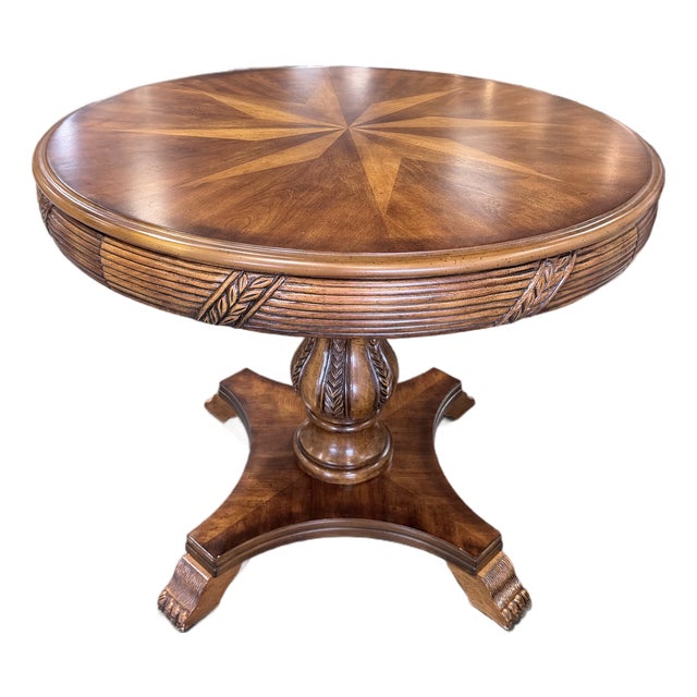 Vintage Mahogany Compass Star Inlaid Accent Table With Carved Pedestal Base For Sale