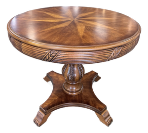 Vintage Mahogany Compass Star Inlaid Accent Table With Carved Pedestal Base