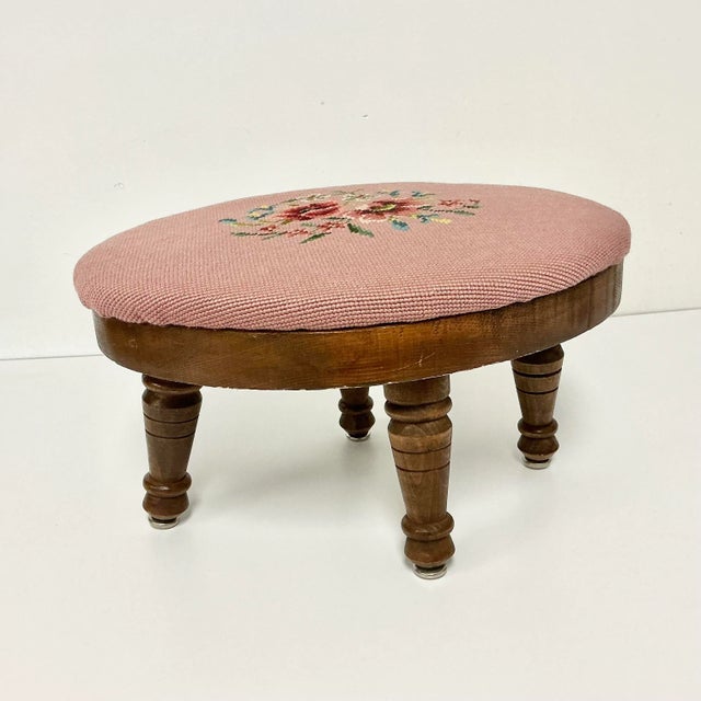 Mid-Century Boho Chic Folk Art Traditional Needlepoint Oval Footstool. For Sale - Image 4 of 14