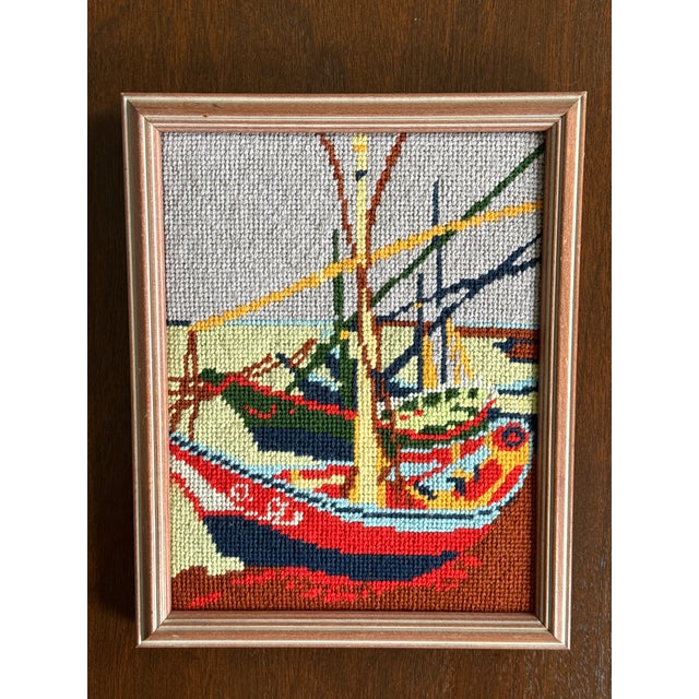 Textile Vintage Framed Needlepoint Boats— A Pair For Sale - Image 7 of 18