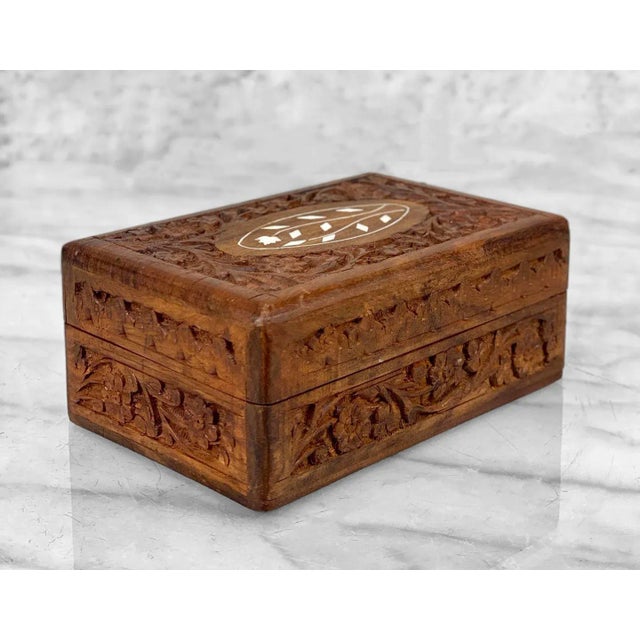 Traditional Vintage Traditional Carved Walnut Inlaid Storage Box For Sale - Image 3 of 8