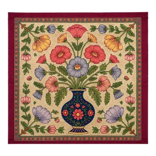 Vintage Silk Embroidered Floral Vase Textile Wall Hanging | Folk Art Botanical Tapestry Cottagecore For Sale