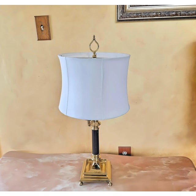 Vintage Brass Empire French-Style Tole Bouillotte-Style Lamp With Dual Black Chain Bulb Switches With Shade For Sale In Washington DC - Image 6 of 12