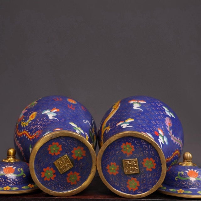 Pair of Vintage Chinese Blue Cloisonné "Dragon & Phoenix" Covered Jars For Sale - Image 10 of 10