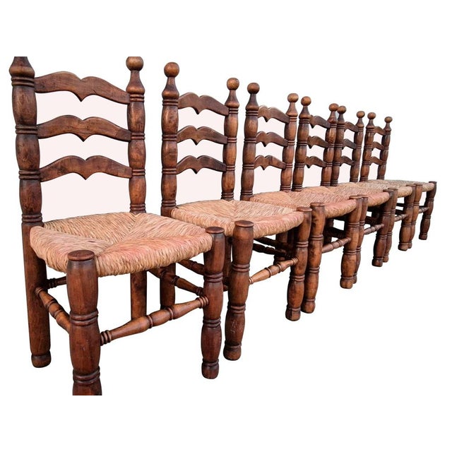 Rustic Italian Wooden Chairs with Woven Straw Seats, 1950s, Set of 6 For Sale - Image 4 of 13