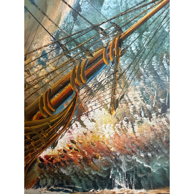 Impressionist Late 20th Century Original Oil Painting Tall Ship at Sea by J. Harvey Framed Maritime Seascape For Sale - Image 3 of 9