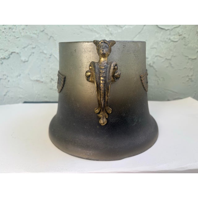 Egyptian Revival Style Winged Lyre Metal Cachepot or Jardinière Cover With Figural Handles, C. 1920s For Sale - Image 9 of 12