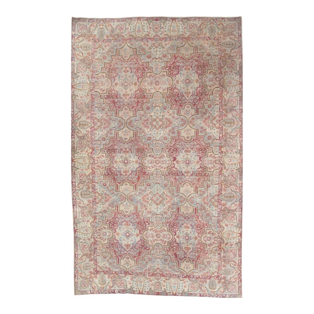 Antique Kerman Handmade Persian Wool Light Blue, Beige & Coral Rug For Sale