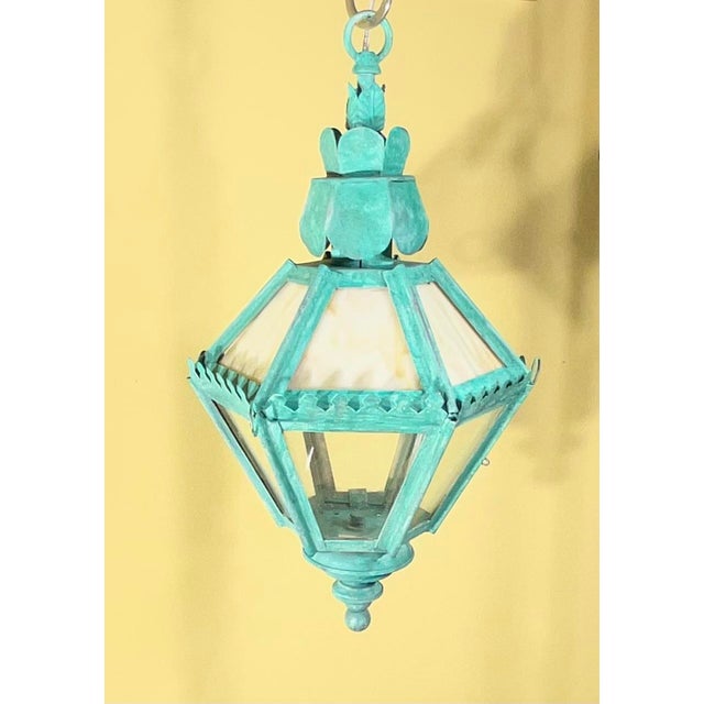 Vintage Verdigris Patina Lantern – Art Glass Hanging Chandelier/ Pendant For Sale - Image 10 of 16