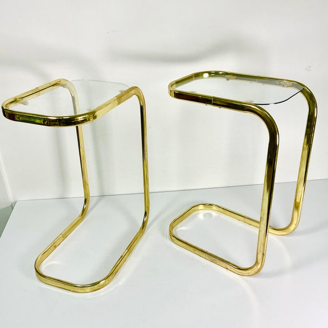 Contemporary 1980s Postmodern Contemporary Brass & Glass Cantilever Drink Tables - A Pair For Sale - Image 3 of 14