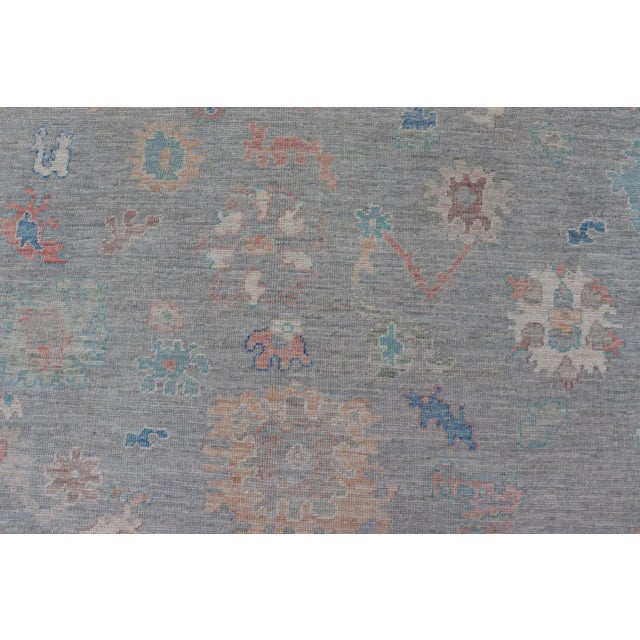 Textile All Over Modern Floral Oushak With a Light Blue-Gray Field and Border With Color For Sale - Image 7 of 12
