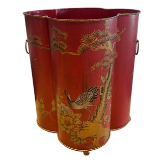 Vintage Red Chinoiserie Wastebin For Sale