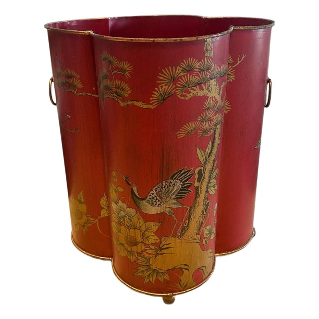 Vintage Red Chinoiserie Wastebin For Sale