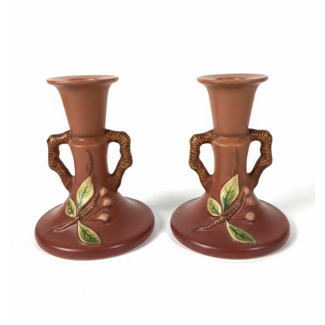American Pair of Vintage Roseville Apple Blossom 352-4½ Art Pottery Candlesticks For Sale - Image 3 of 7