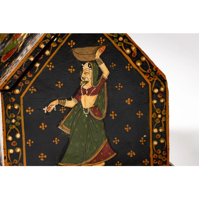 1980s Vintage Rajasthani Indian Hand Painted Wood Jewelry Dowry Box For Sale - Image 5 of 13