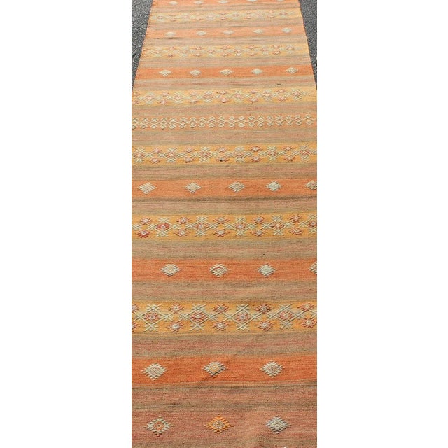 Mid 20th Century Vintage Hand Woven Turkish Kilim Colorful Stripe Runner With Tribal Motifs For Sale - Image 5 of 12