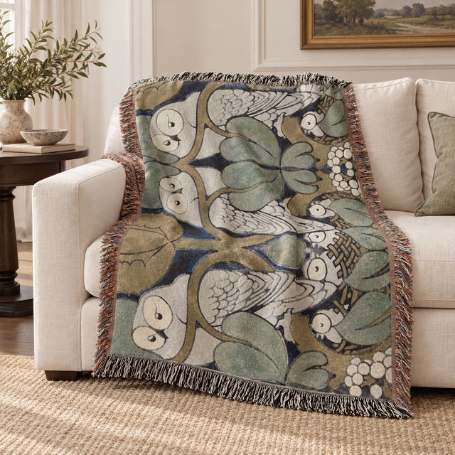 Art Nouveau Arts and Crafts Owl Woven Throw Blanket – C. F. A. Voysey Design – 60 × 50 For Sale - Image 3 of 6